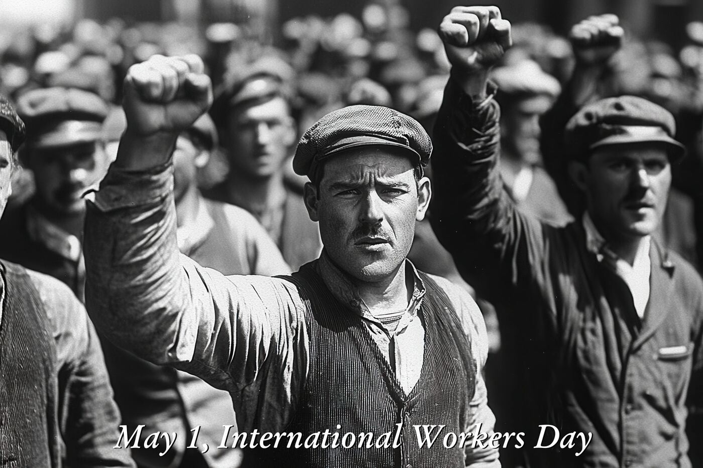 Historical labor demonstration, fists raised